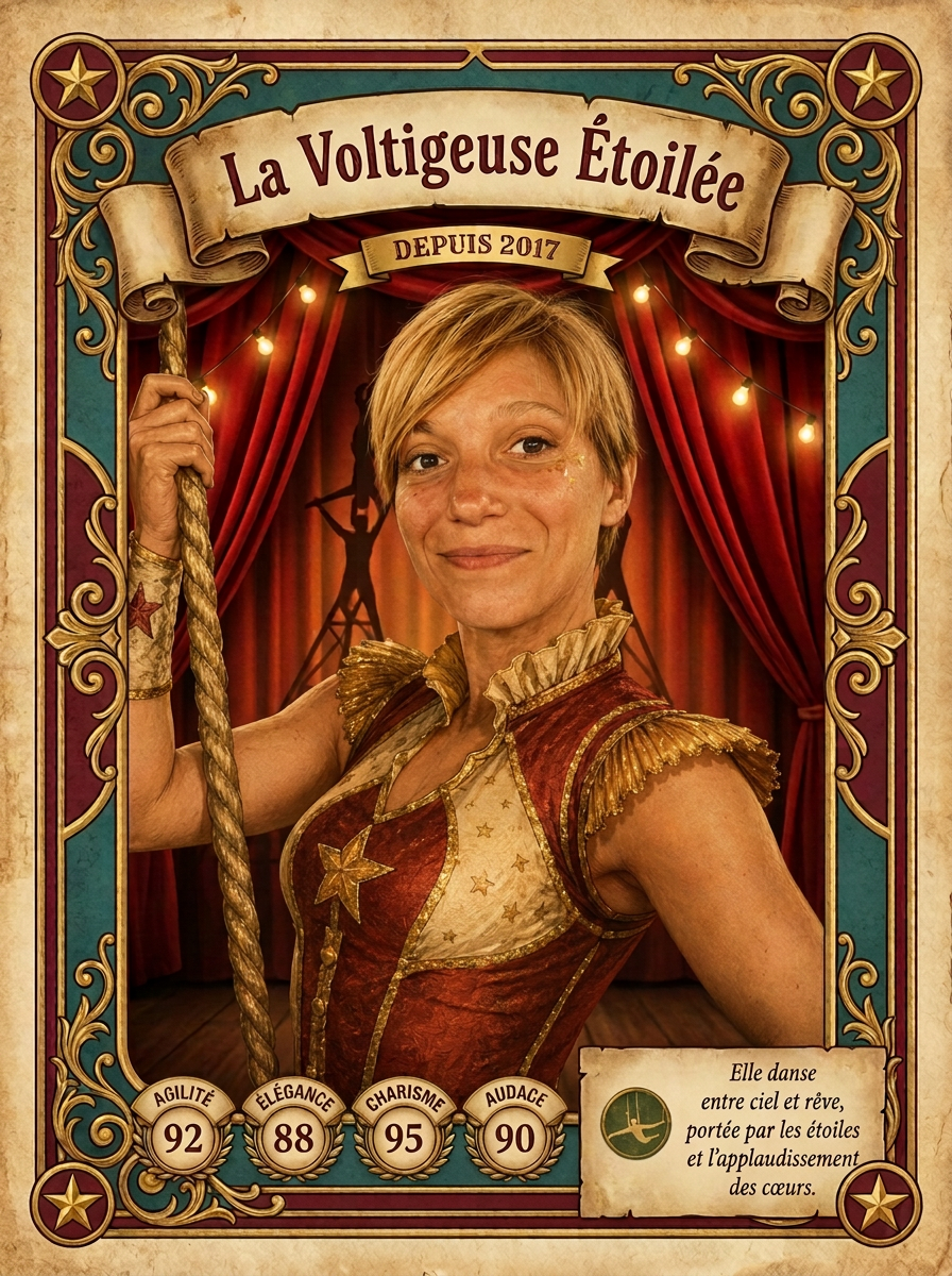 Géraldine SUSDORF — carte d'artiste « La Voltigeuse Étoilée » à l'ASBTP Cirque