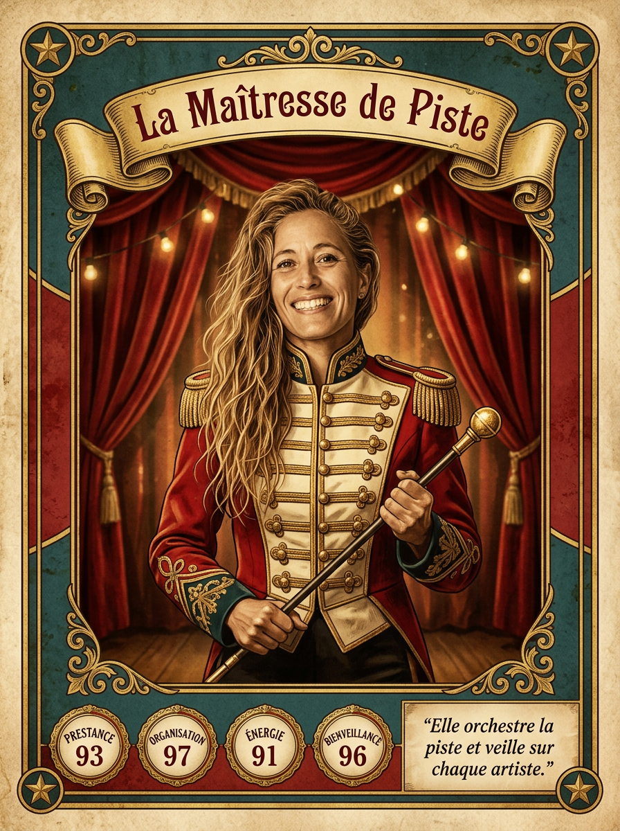 Caroline ARBELOT — carte d'artiste « La Maîtresse de Piste » à l'ASBTP Cirque