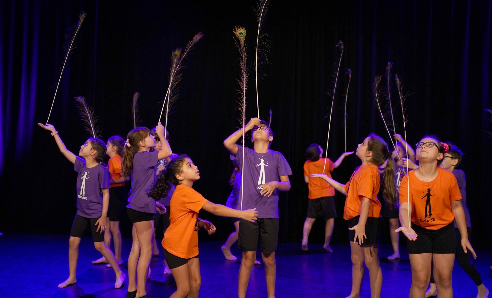 Numéro de plumes d'équilibre par le groupe enfants